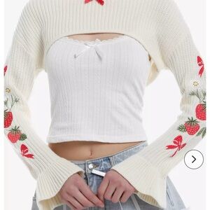 Cream Knit Shrug with Strawberry Embroidery